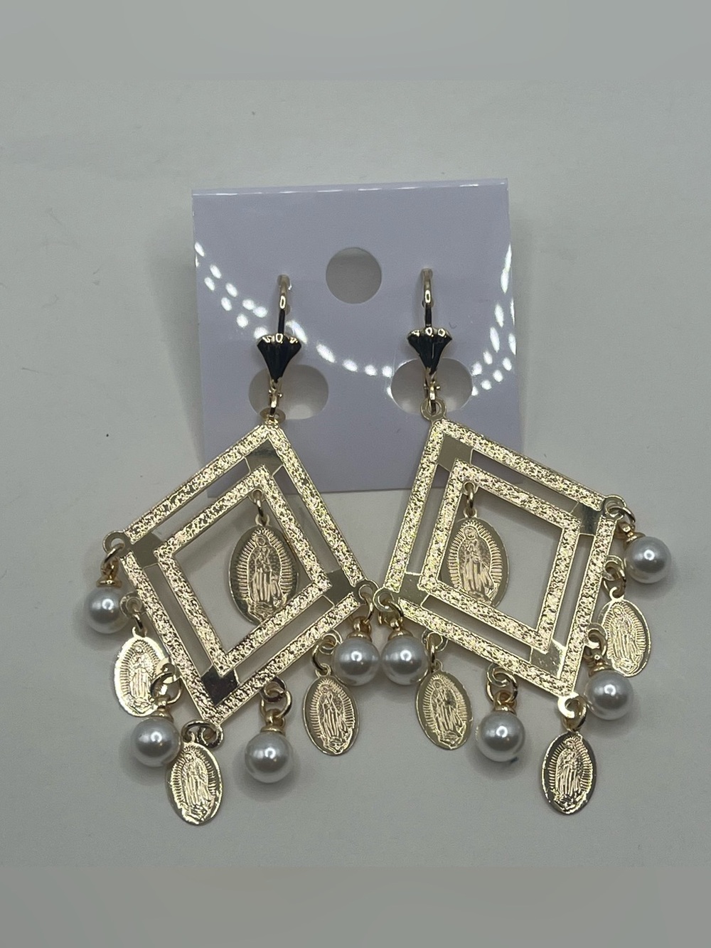 Gold filled gold tone Virgin Mary styleFiligree Square Dangle Earrings with Pear